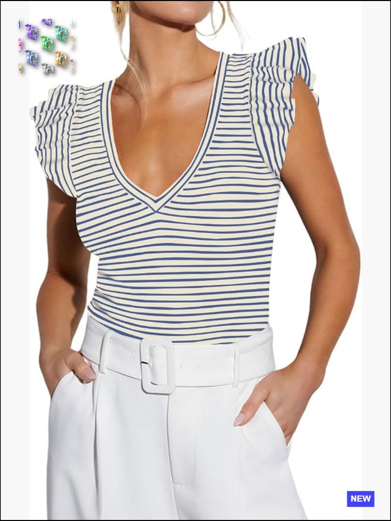 Deep V-Neck Ruffle Sleeveless Tank Top Slim Fit Ribbed Knit Crop Blouse